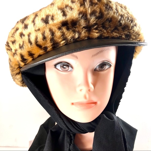 Accessories - Faux fur animal print top news boy cap made in US